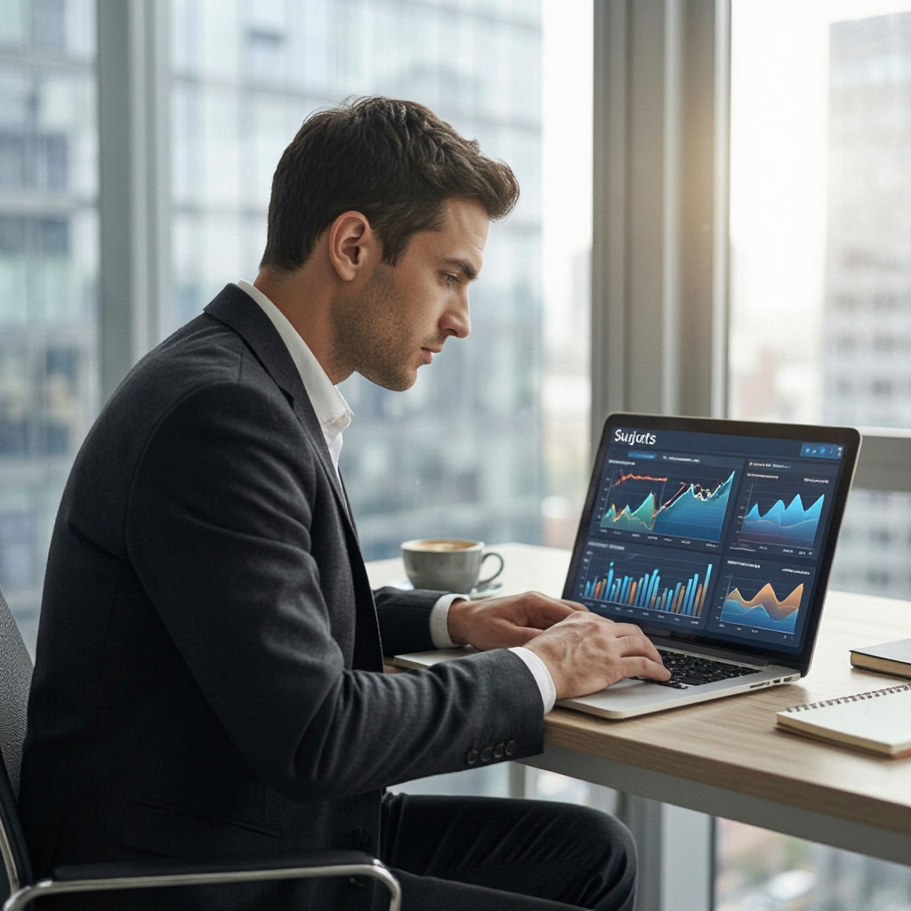 Route analyst reviewing performance metrics on a laptop