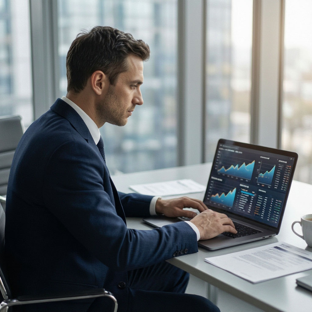 Manager reviewing monthly route performance report on a laptop