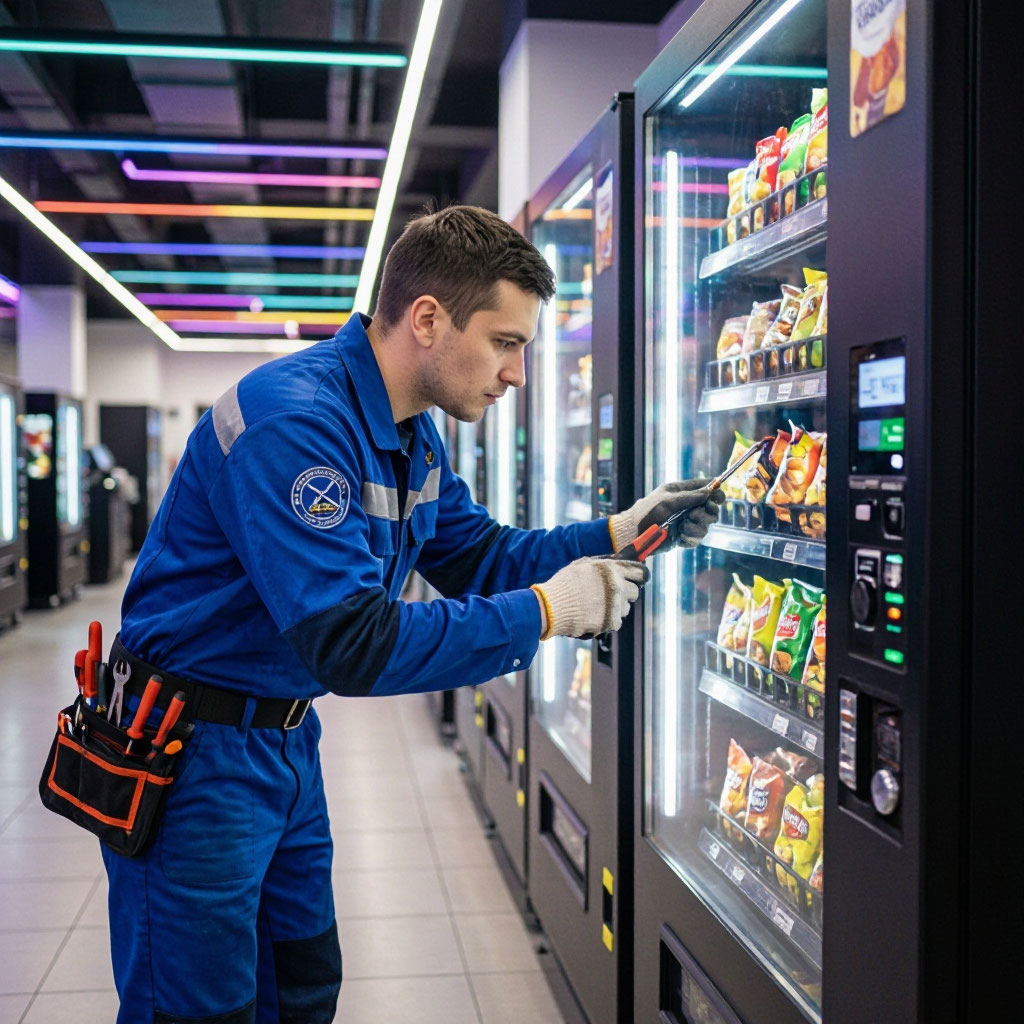 Vending machine technician servicing a snack machine