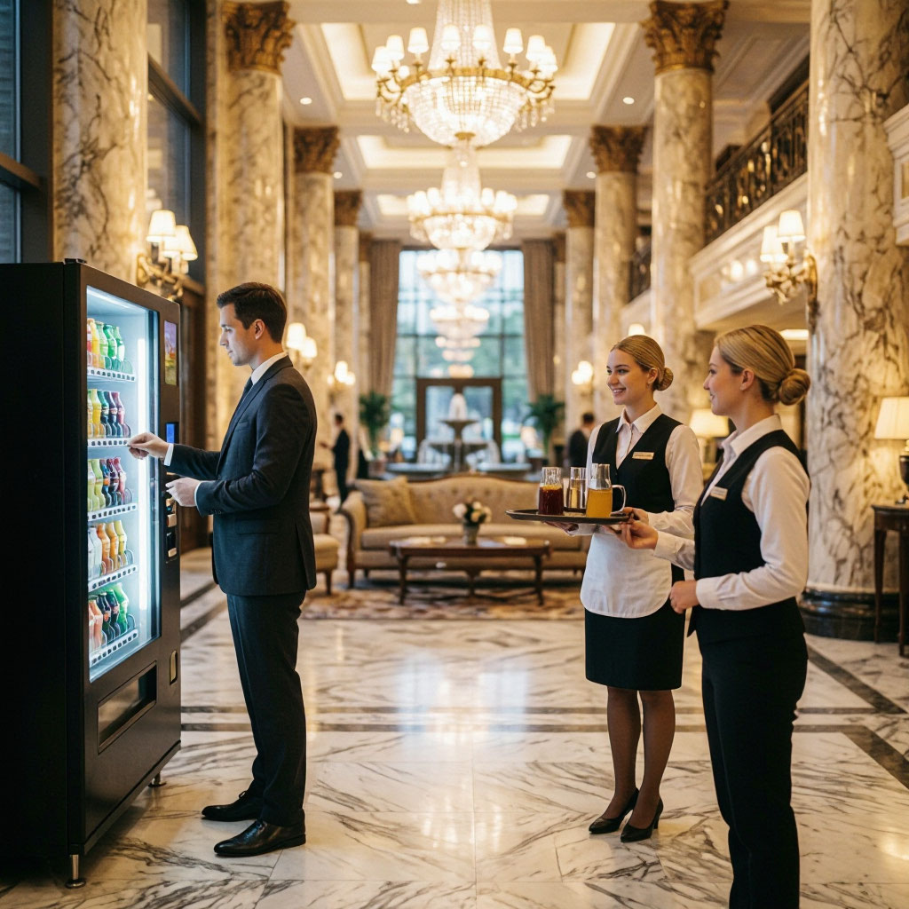 Hotel lobby with guest vending and beverage service