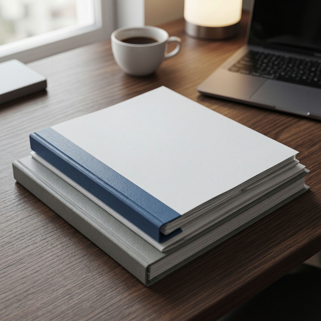 Business resource library with guides and printed reports on a desk