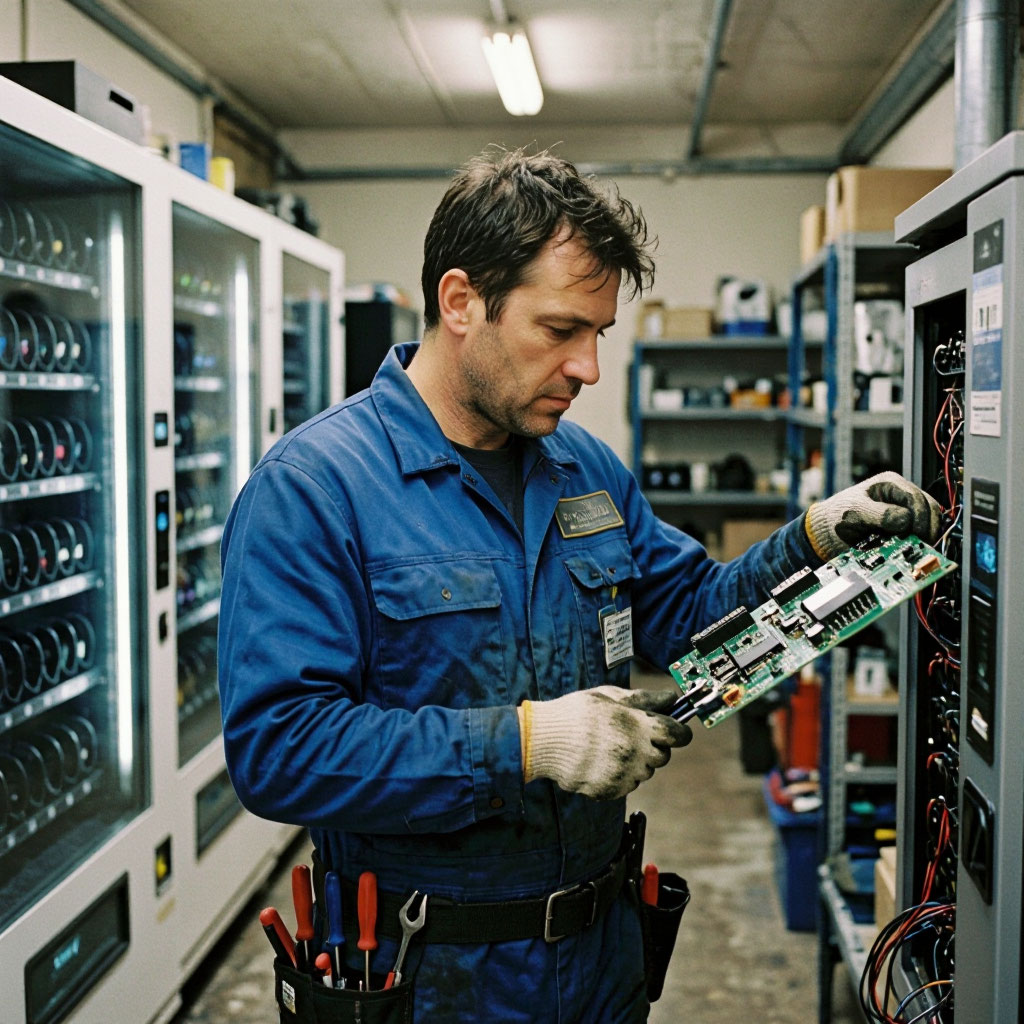 Shop technician refurbishing a vending machine control board